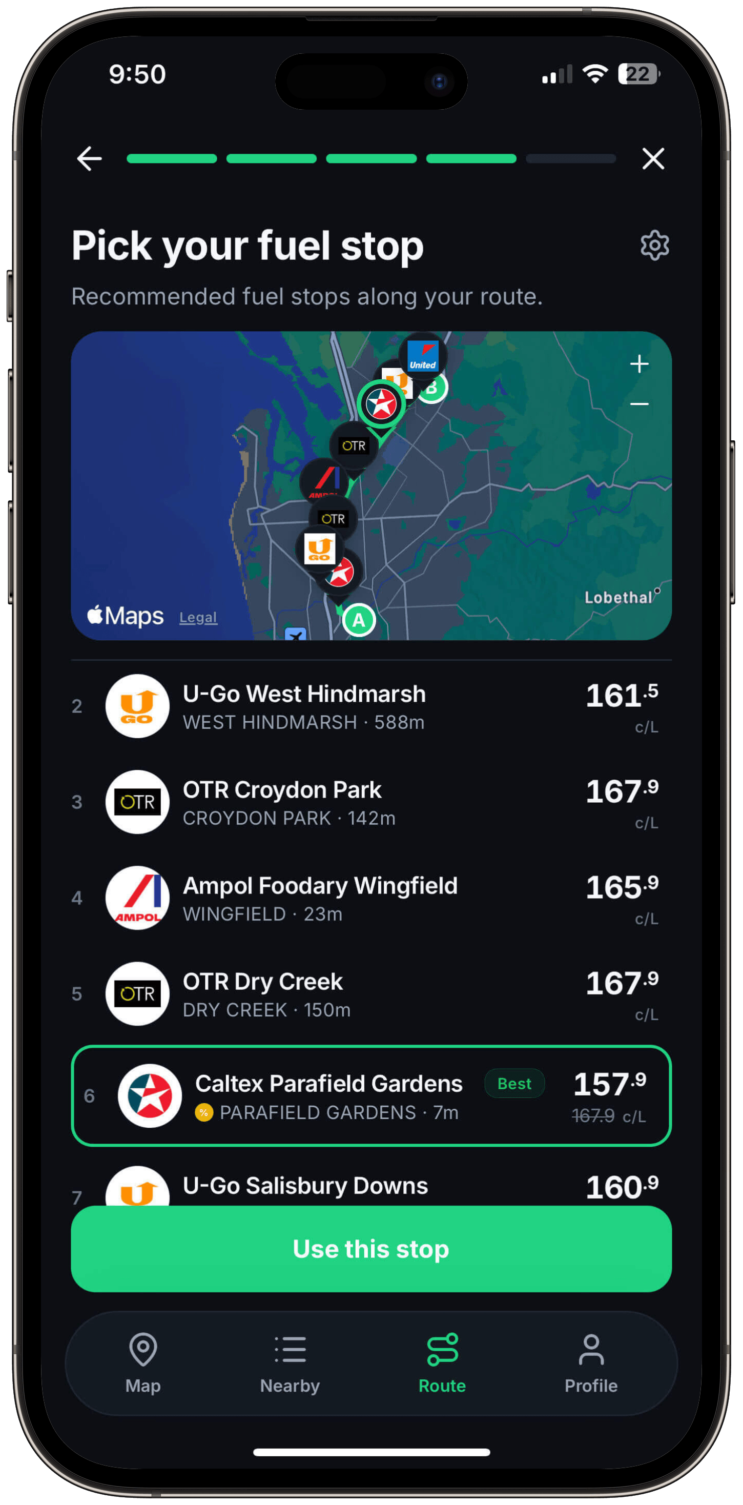 Petrol Australia Route screen showing recommended fuel stops along a trip with the best pick highlighted