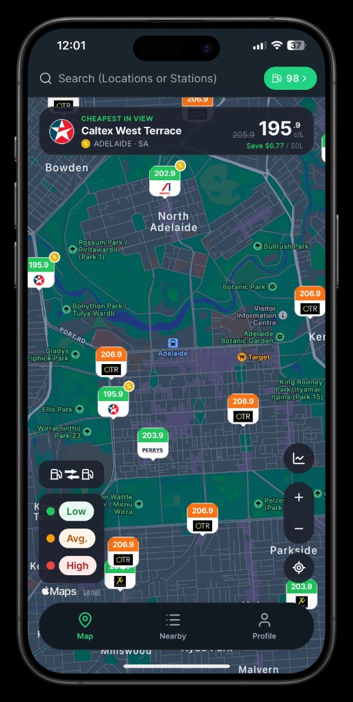 Petrol Australia app map showing live fuel prices at stations across Adelaide