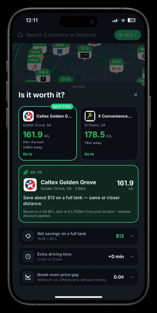 Petrol Australia Is it worth it screen comparing station prices and full-tank savings